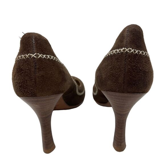Fornarina Suede Pumps Stacked Heels Brown Women's EU 36 Cross Stitch Detail - Picture 6 of 9